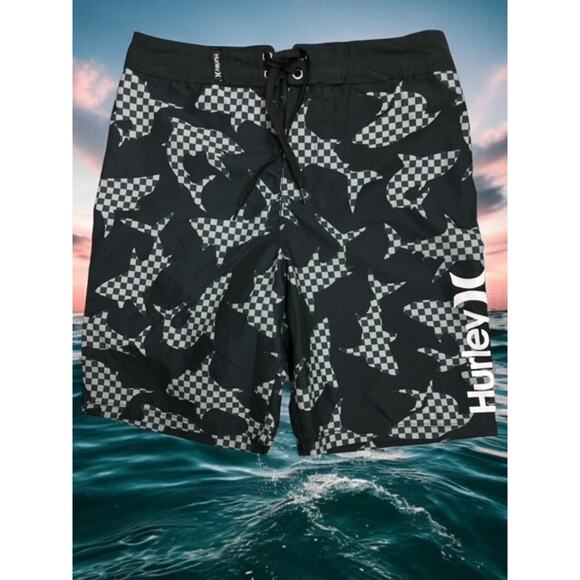 Hurley Swim Trunks Boys 16/28 Black Checker Sharks Shorts Back Pocket 9 Inseam - Picture 2 of 3